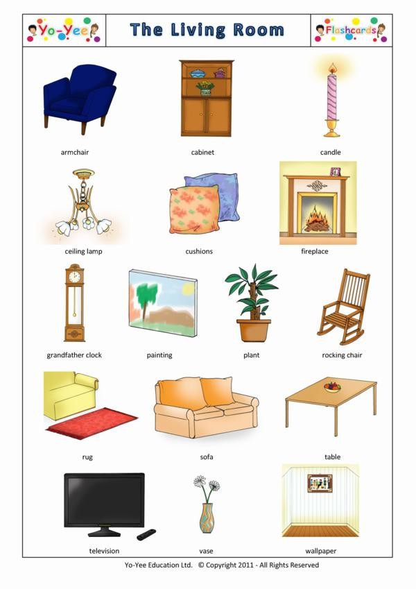 Living Room And Furniture Flash Cards